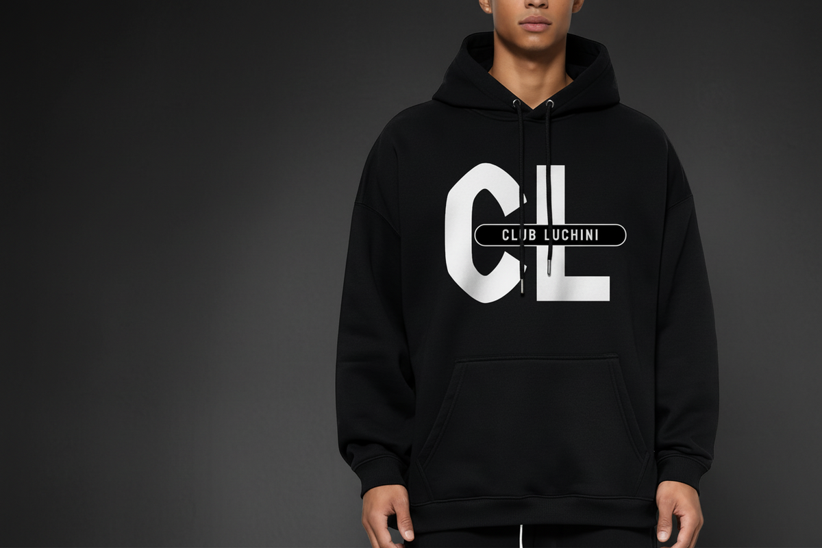 A male model wearing a black pullover hoodie with a large white 'CL' logo and a black label reading 'CLUB LUCHINI' on the chest, shown against a plain white background.